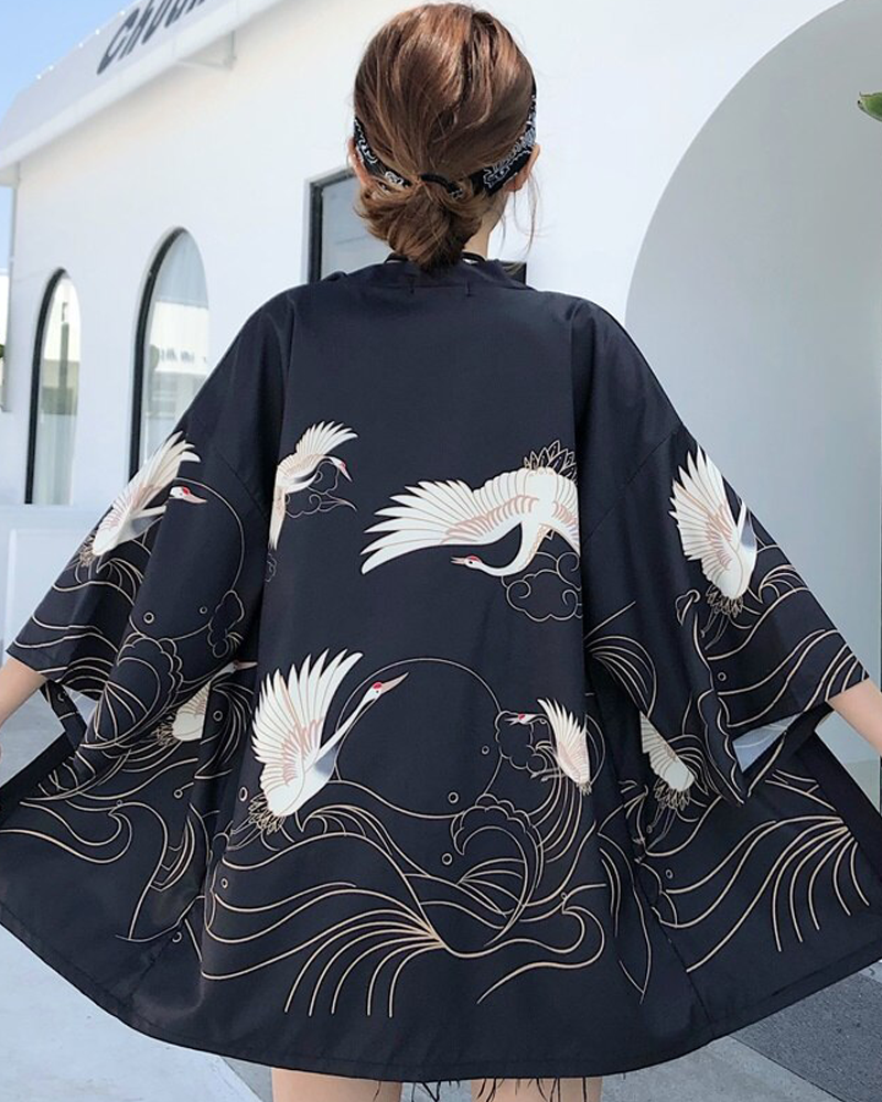 Black Crane Kimono Jacket | Yokai Clothing