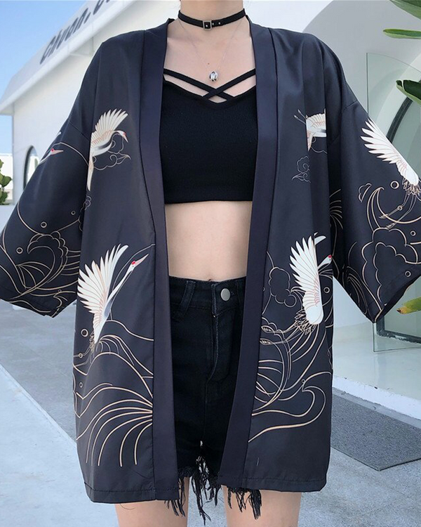 Black Crane Kimono Jacket