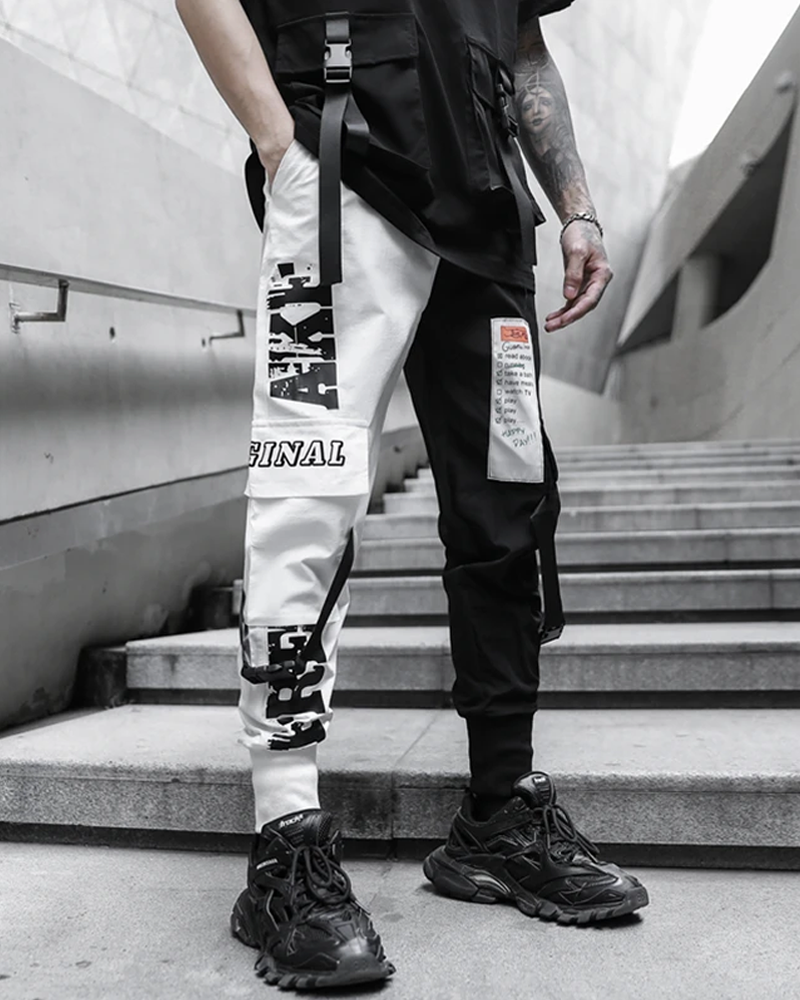 Half Black Half White Cargo Pants Yokai Clothing