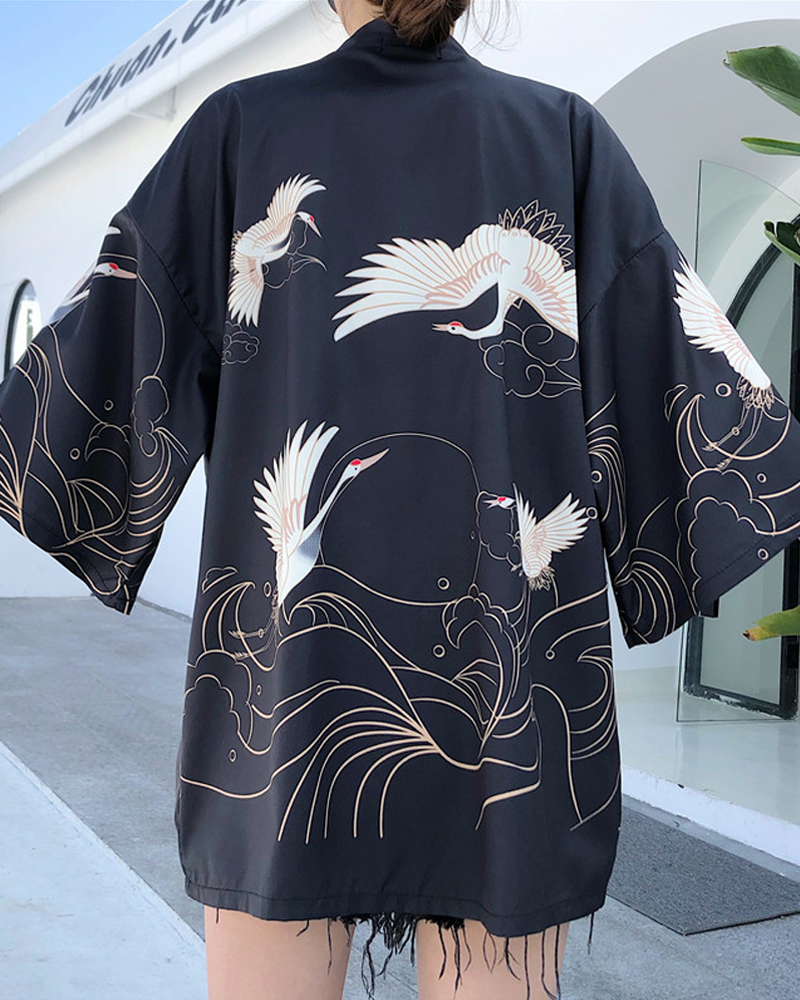 Black Crane Kimono Jacket