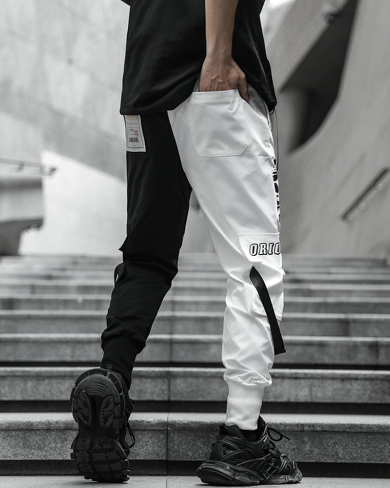 Half Black Half White Cargo Pants Yokai Clothing