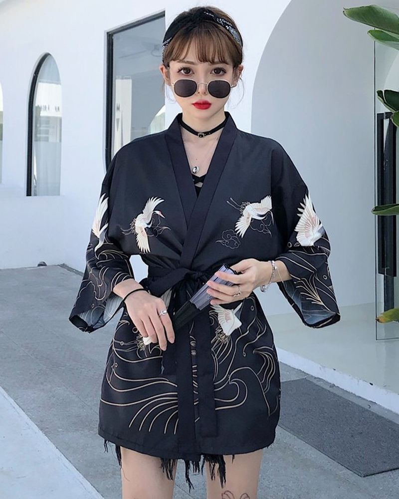 Black Crane Kimono Jacket